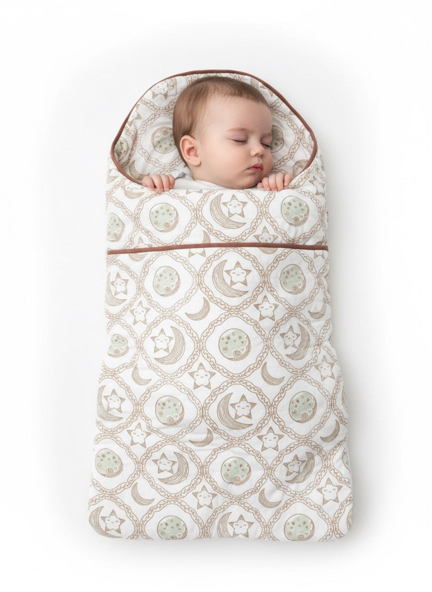 New Born Snuggles - Baby Bedding with Baby Bib- Moon Star - Olive Green
