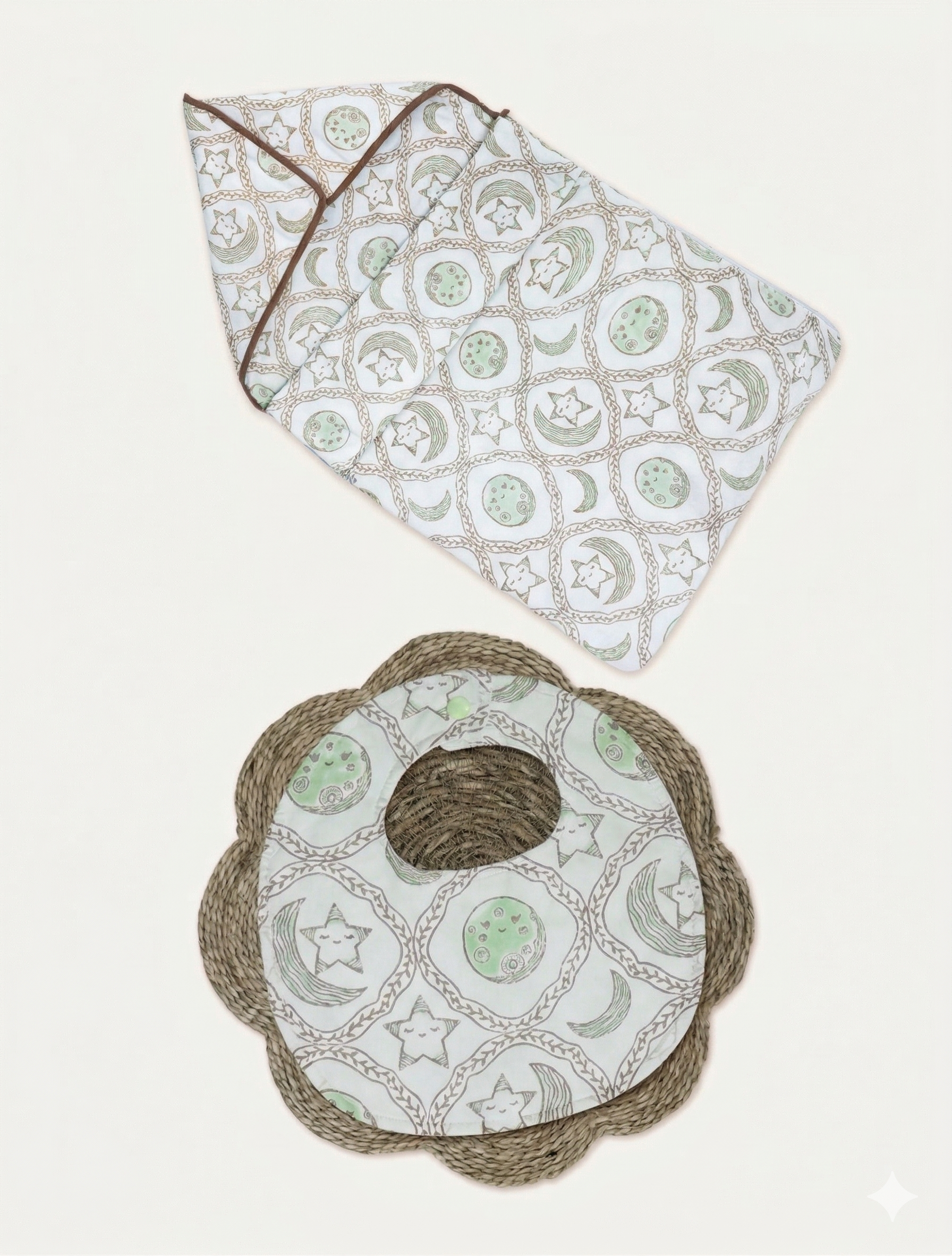 New Born Snuggles - Baby Bedding with Baby Bib- Moon Star - Olive Green