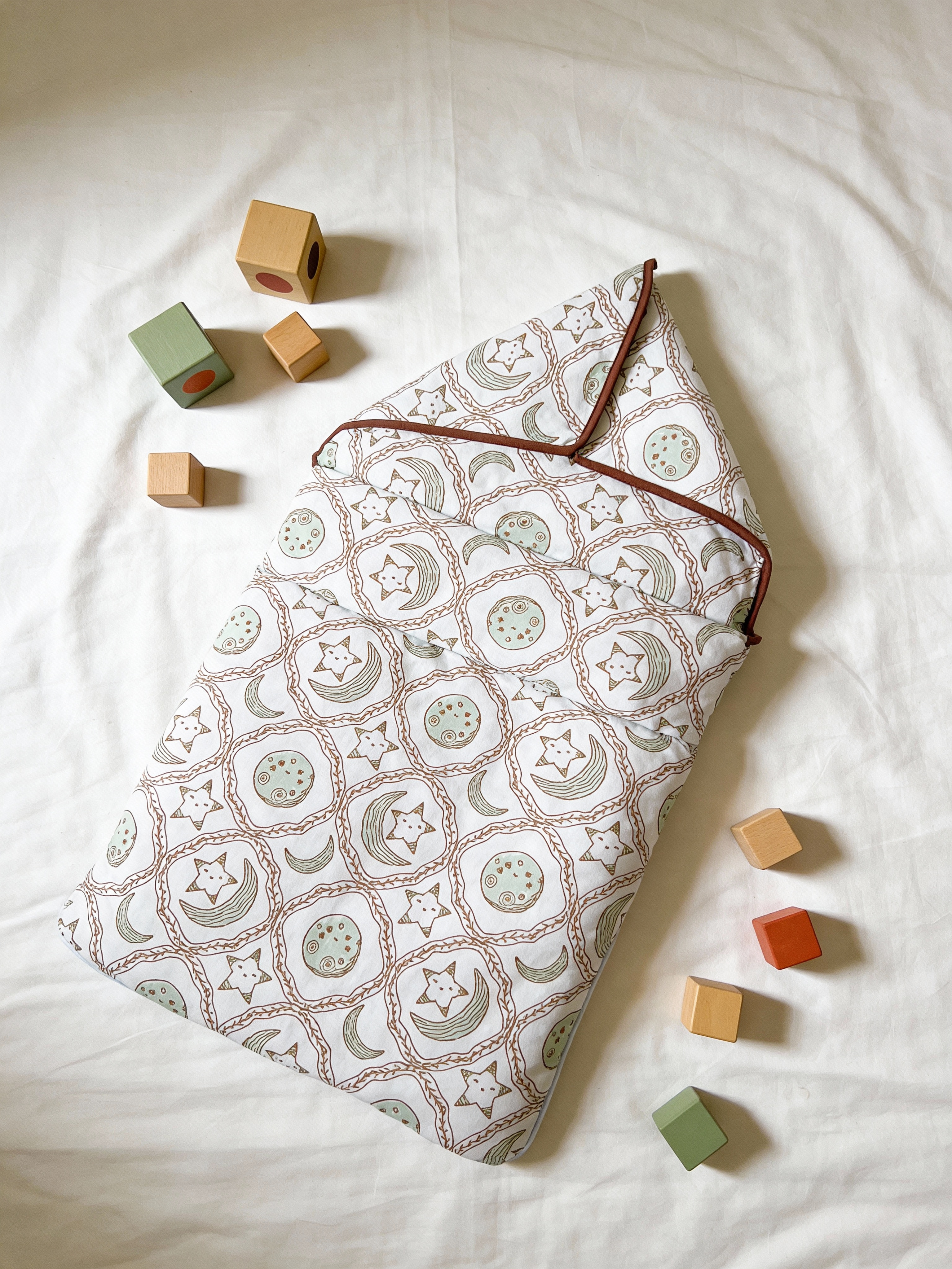 New Born Snuggles - Baby Bedding with Baby Bib- Moon Star - Olive Green