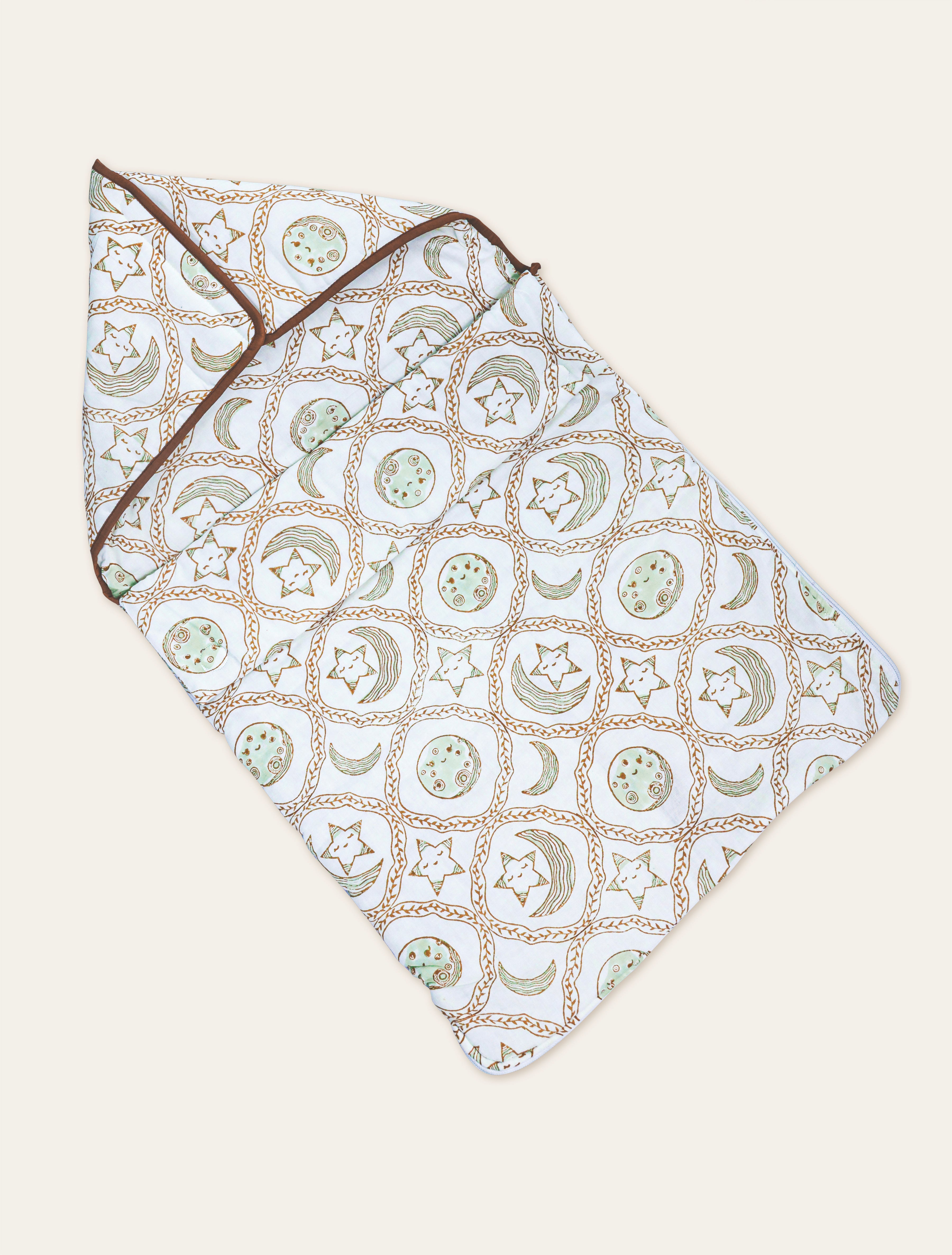 New Born Snuggles - Baby Bedding with Baby Bib- Moon Star - Olive Green