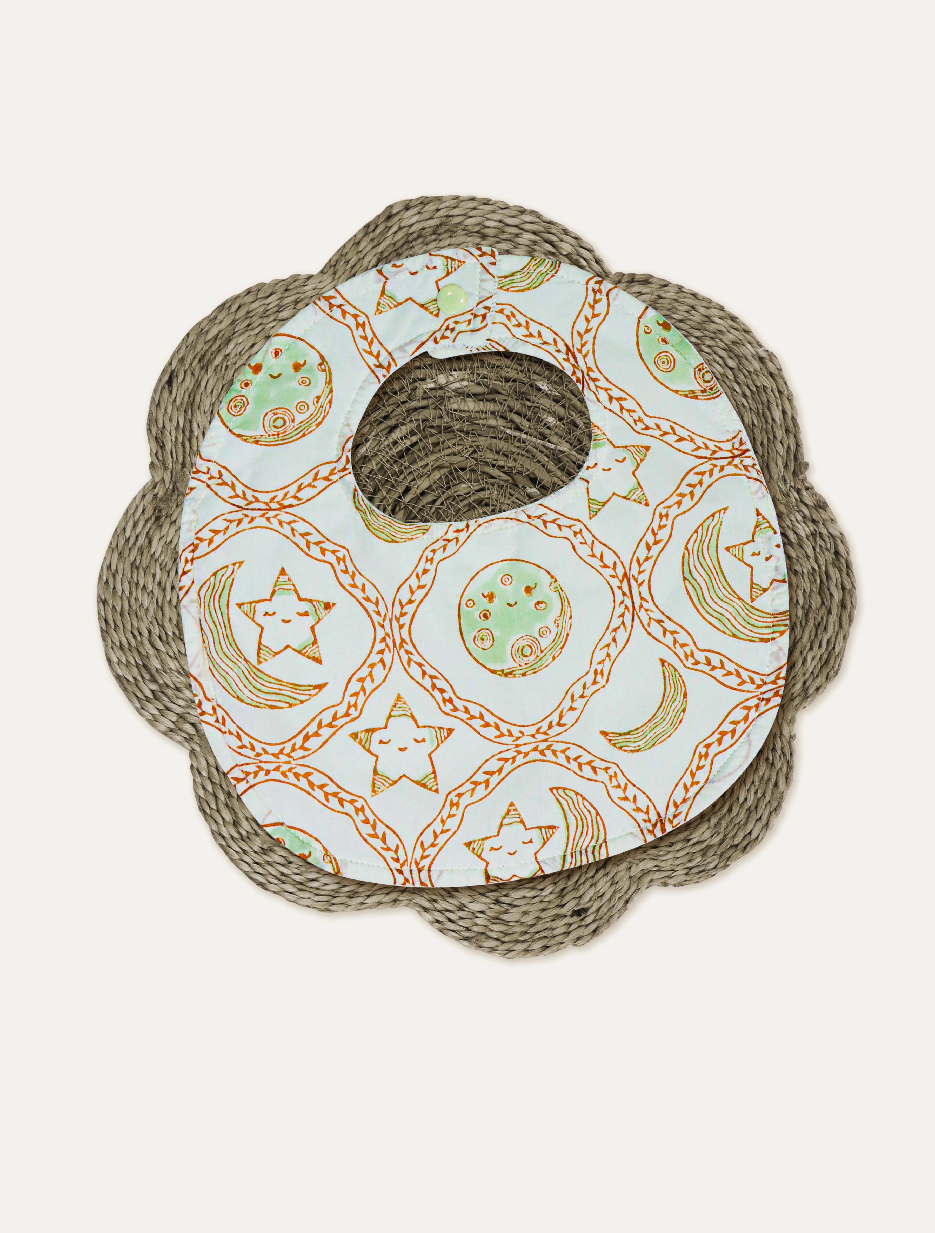 New Born Snuggles - Baby Bedding with Baby Bib- Moon Star - Olive Green