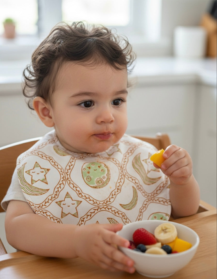 New Born Snuggles - Baby Bedding with Baby Bib- Moon Star - Olive Green