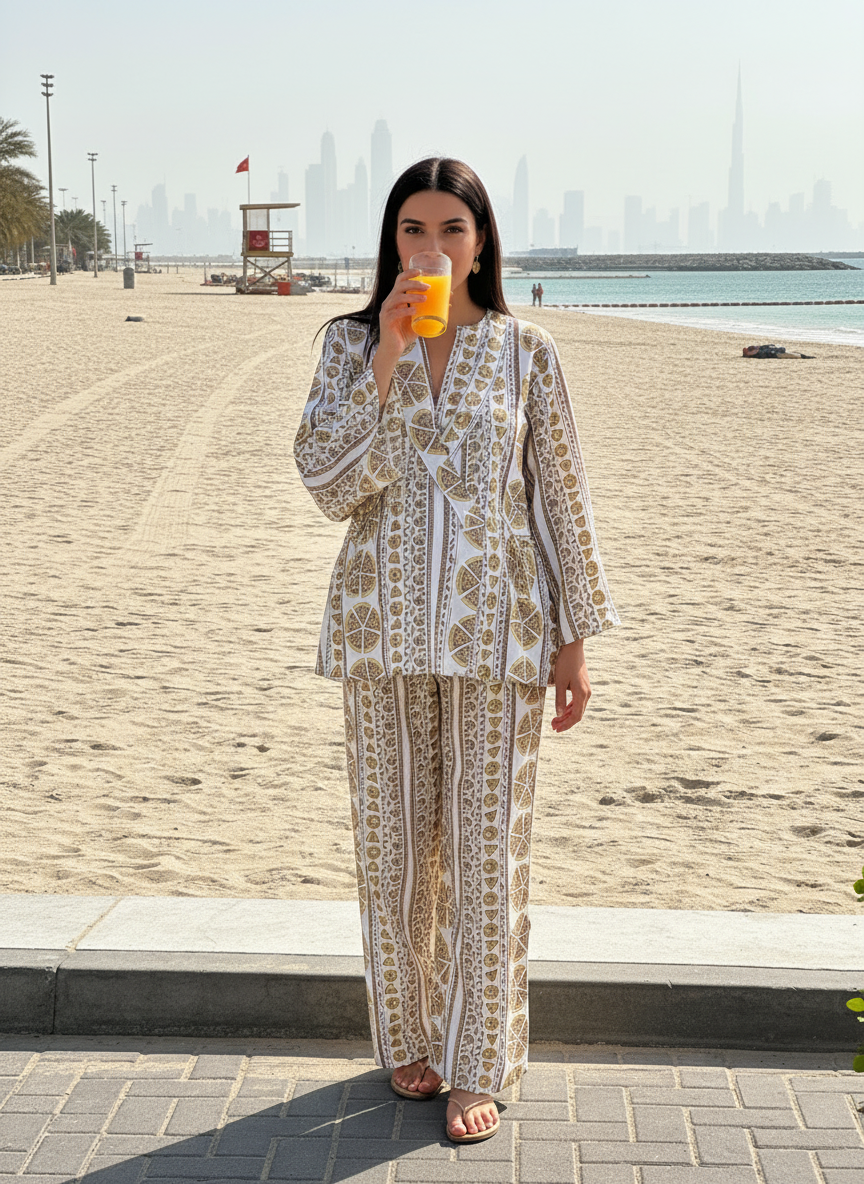 Maternity Wear - Knot-Bloom Coord Set - Pizza - Cedar Yellow (Cotton Silk)