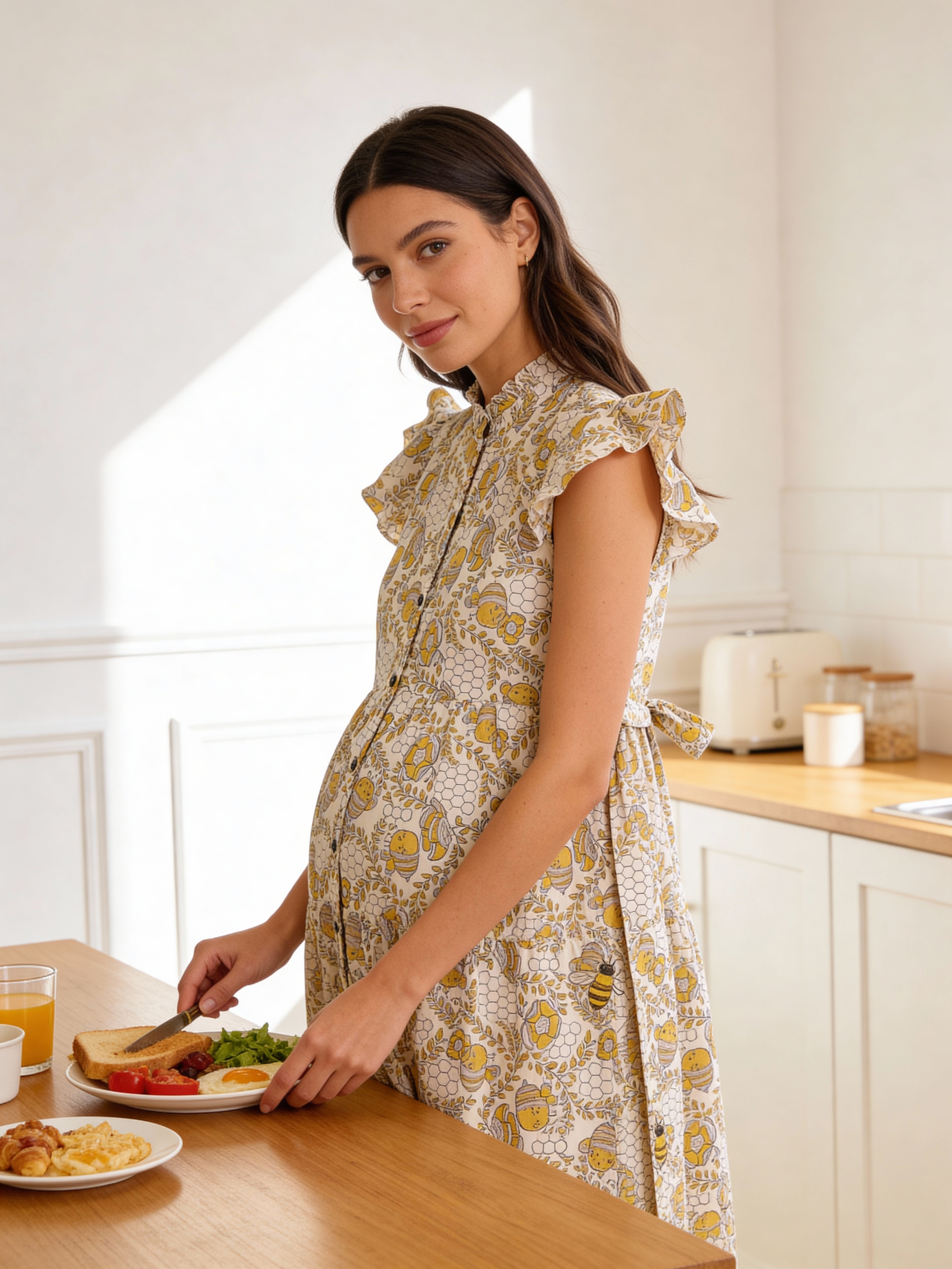 Maternity Wear Dress - Full Bloom Flowy Dress - HoneyBee - Cedar Yellow (Cotton Silk)