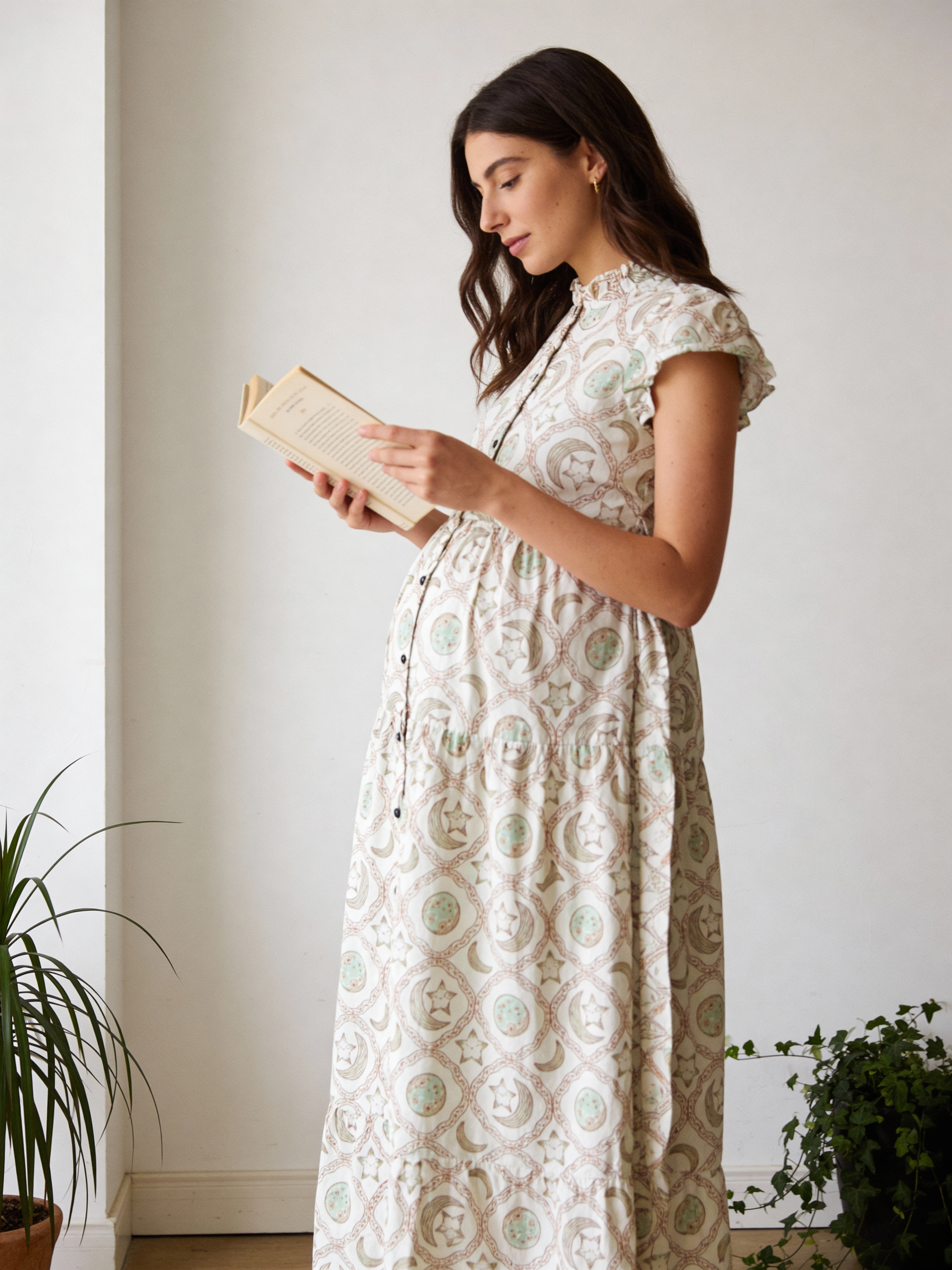 Maternity Wear - Full Bloom Flowy Dress - Moon n Star - Olive Green (Cotton Voile)