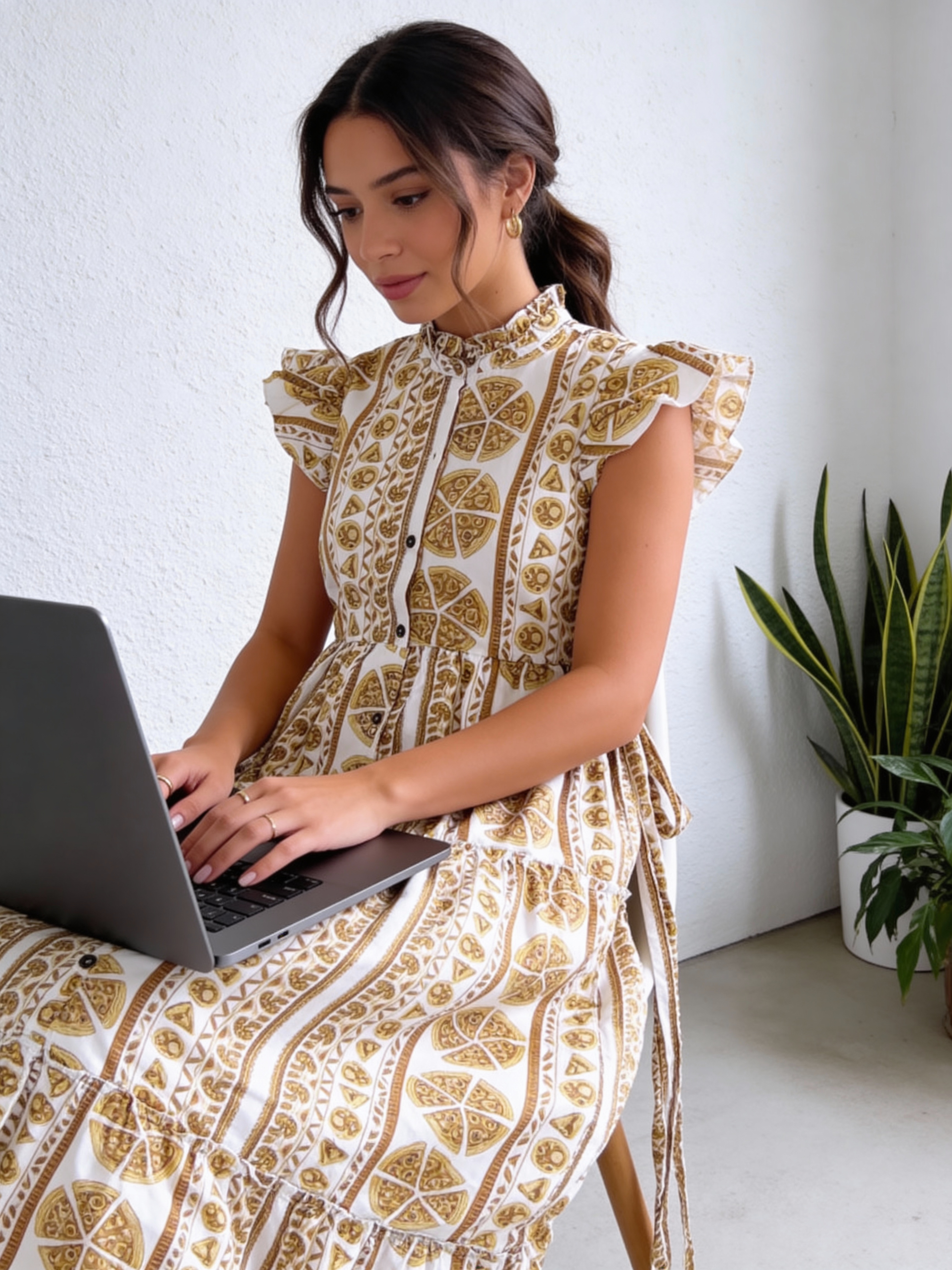 Maternity Wear - Full Bloom Flowy Dress - Pizza - Cedar Yellow ( Cotton Silk)