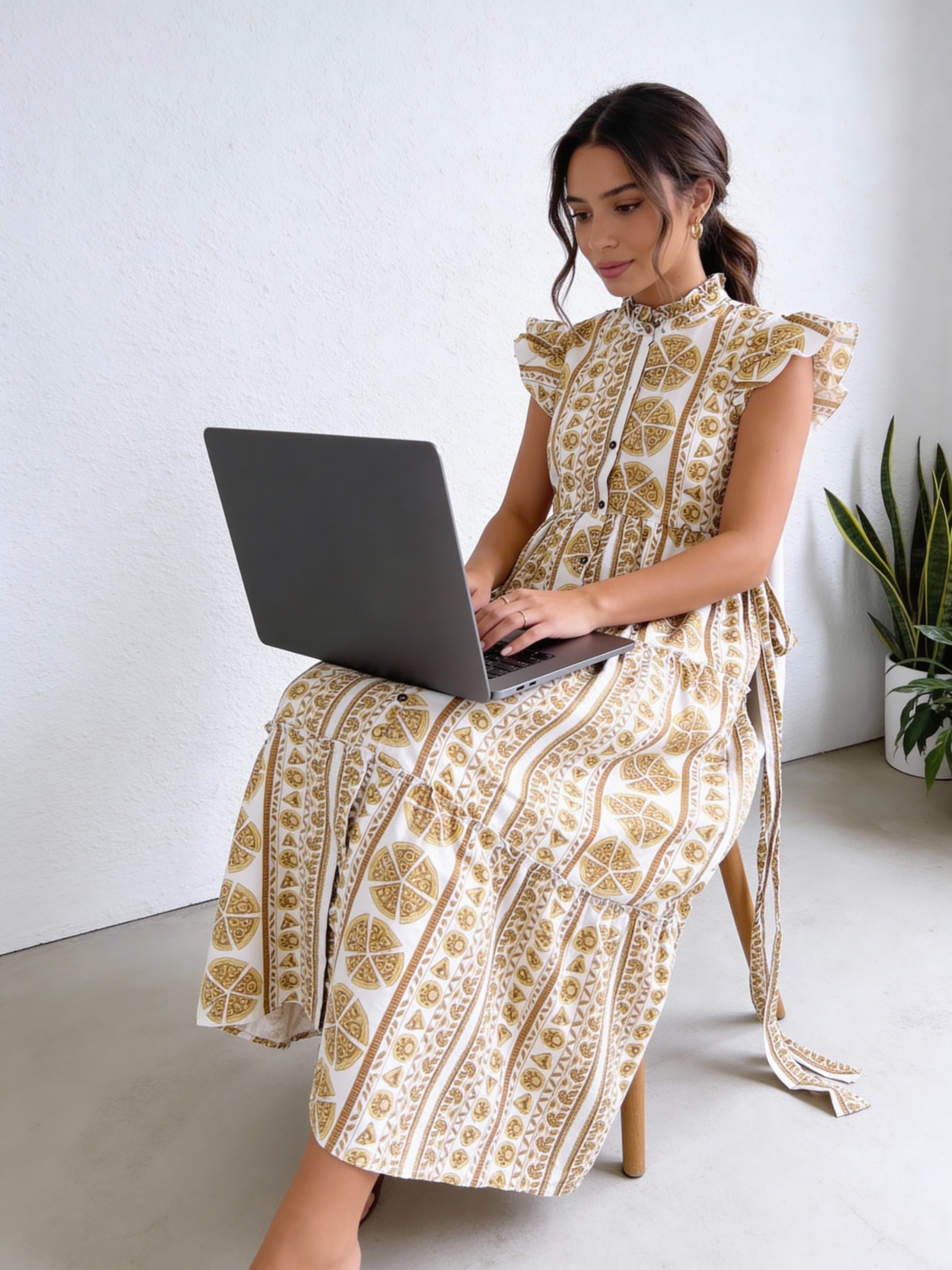 Maternity Wear - Full Bloom Flowy Dress - Pizza - Cedar Yellow ( Cotton Silk)