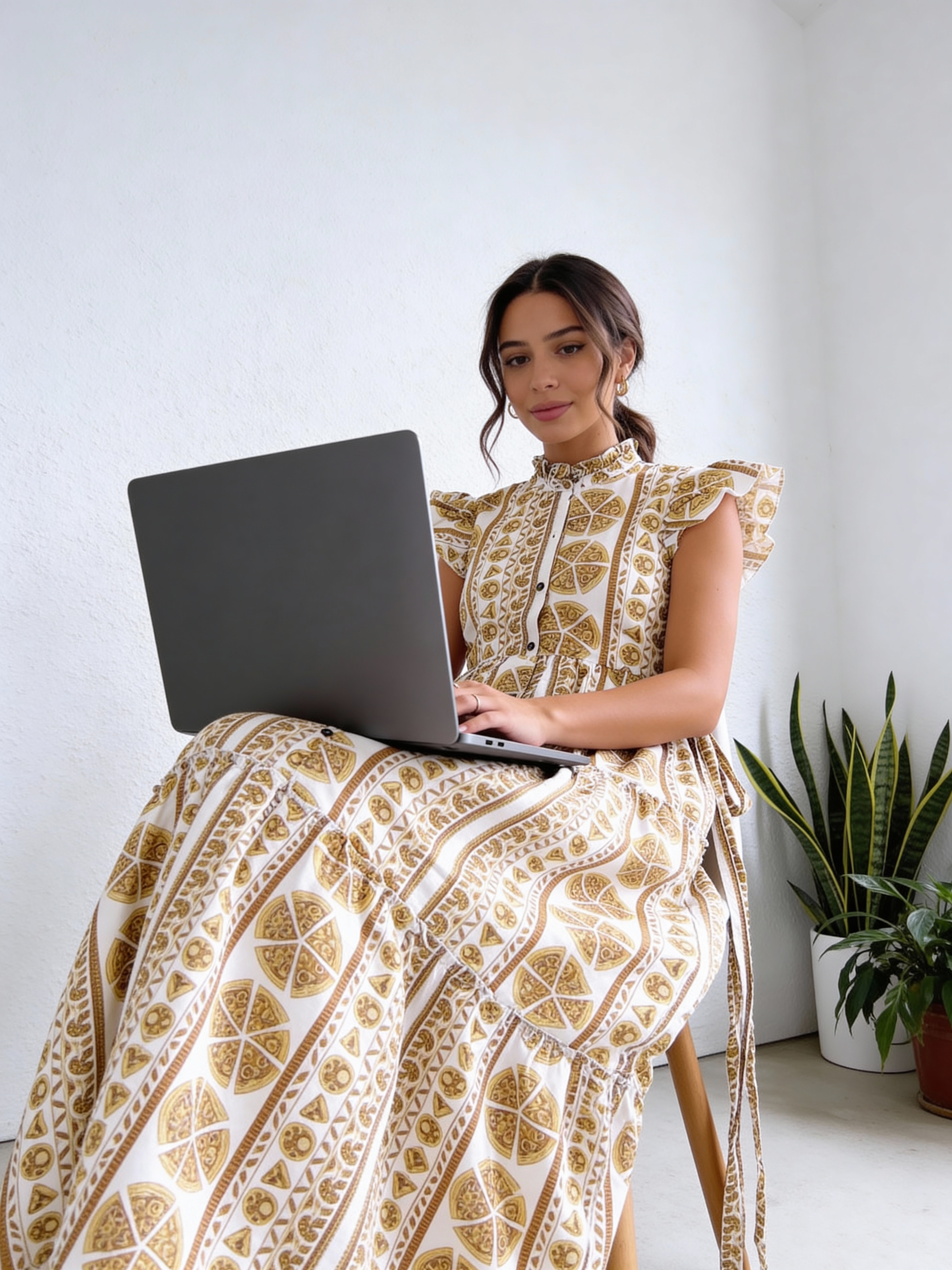 Maternity Wear - Full Bloom Flowy Dress - Pizza - Cedar Yellow ( Cotton Silk)